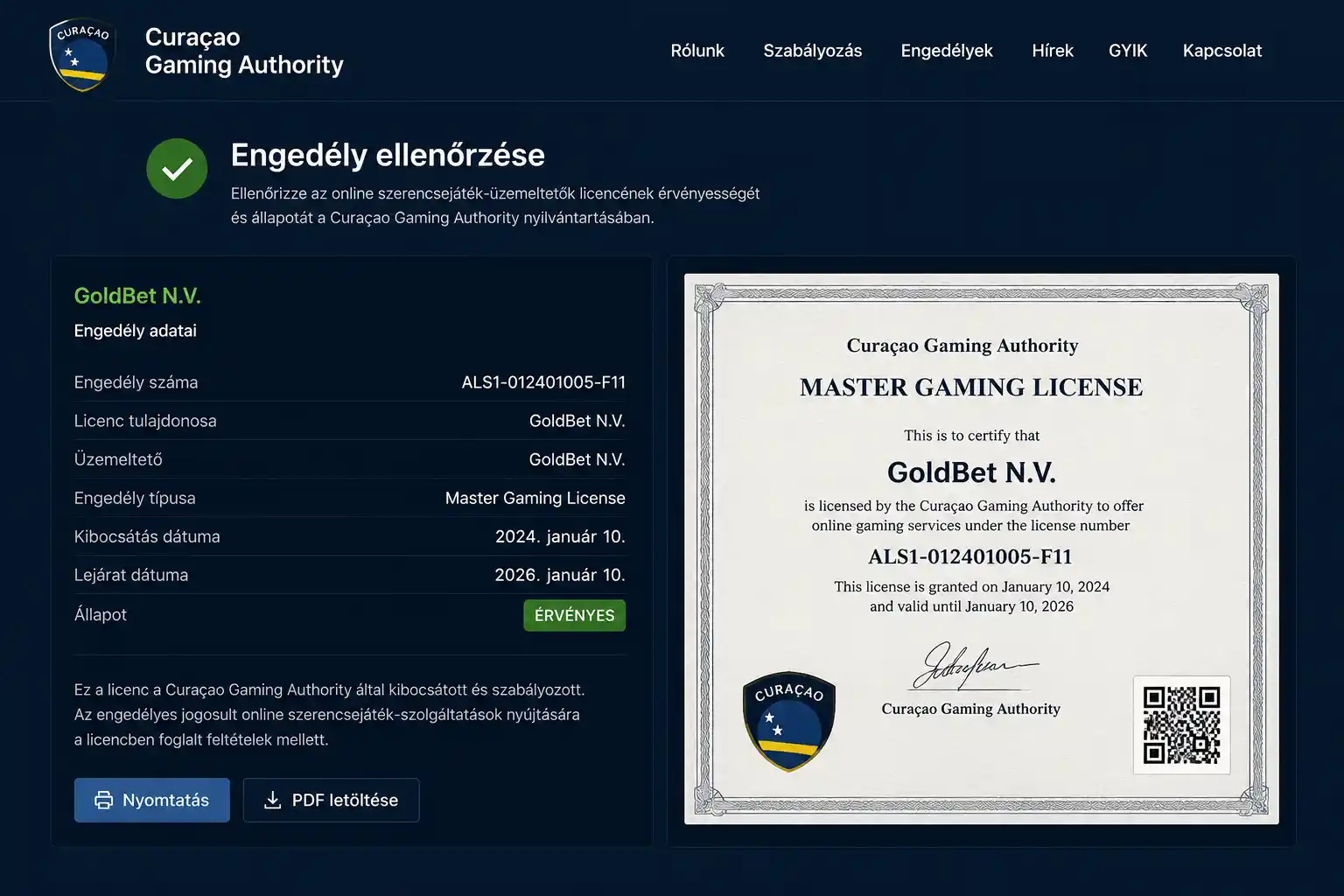 Vox Curaçao Gaming Authority licenc igazolása