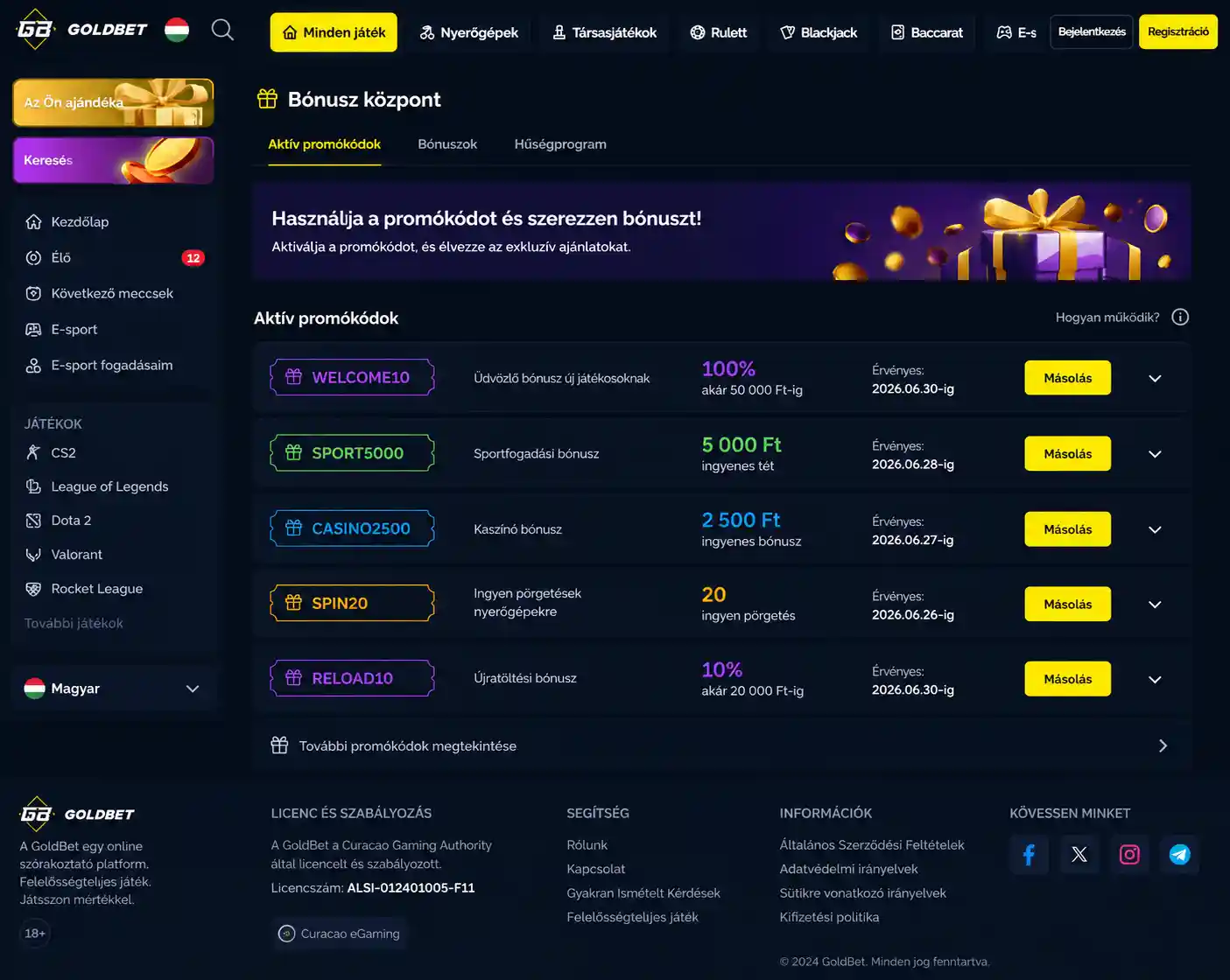 Vox bónuszközpont főoldala az aktív promóciós kódokkal