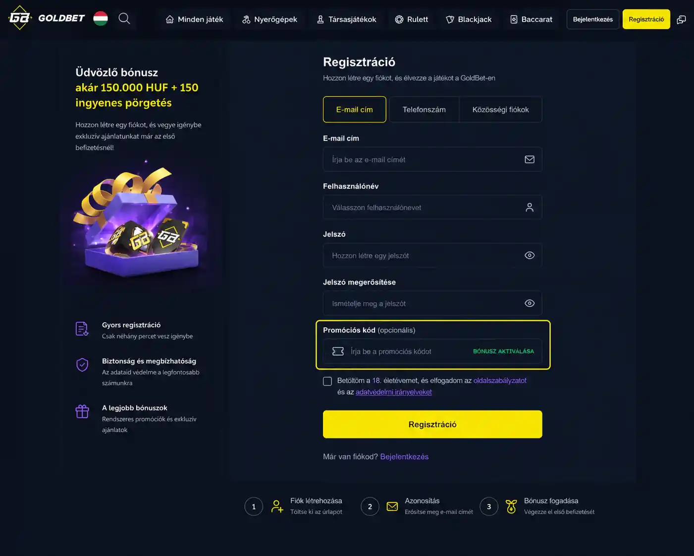 Vox regisztrációs űrlap a promóciós kód mezőjével